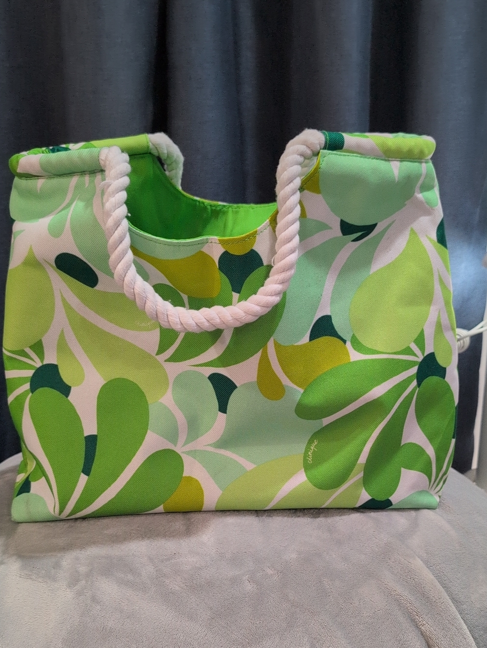 Clinique Green Floral Canvas Tote Bag with Rope Handles